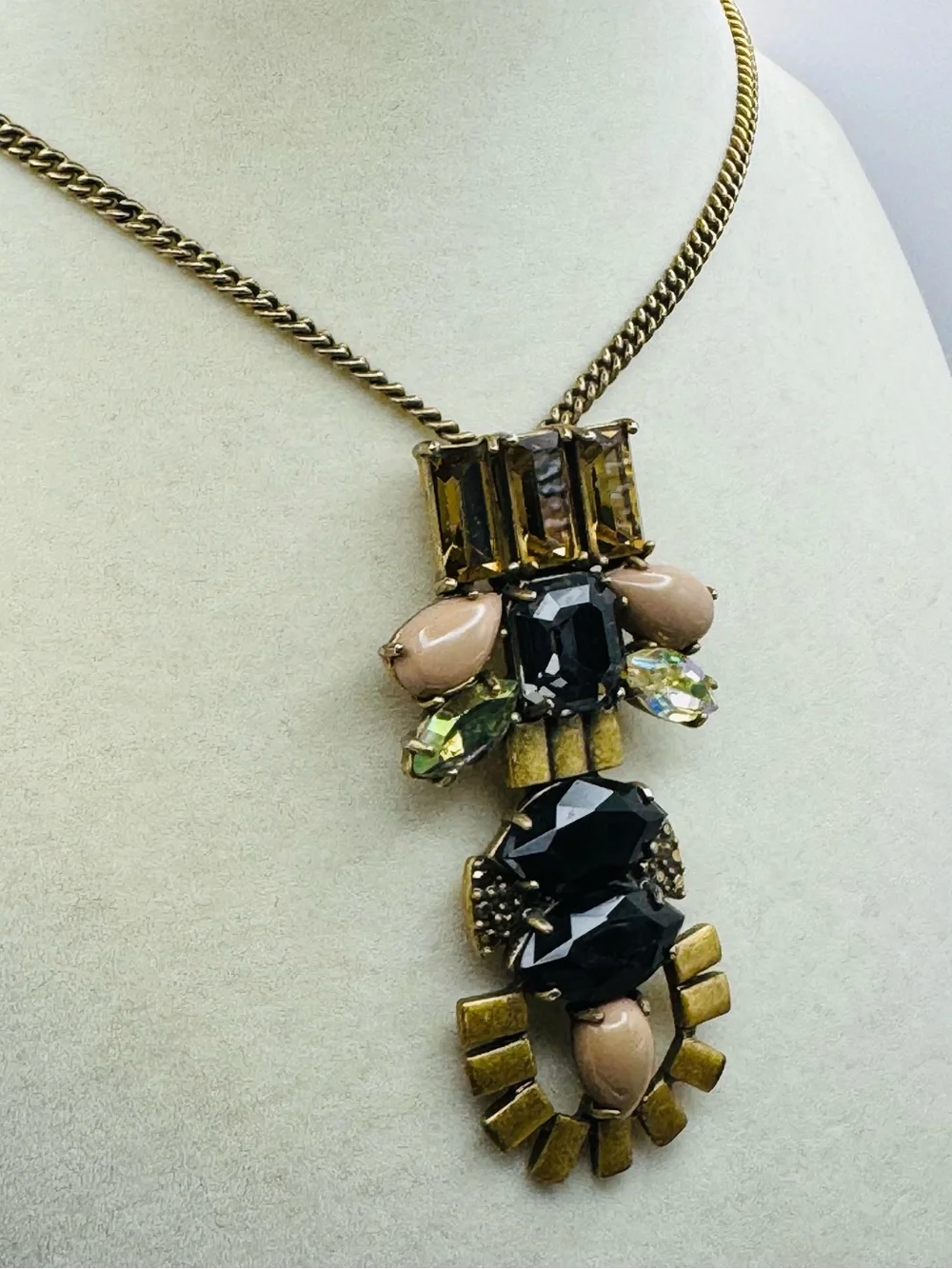 J. Crew Gold Tone Tiered Pendant Necklace With Black and Beige Stones